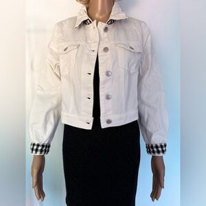 Allegra K Women's White Denim Cropped Jean Jacket Plaid Trim Sz M New with Tags